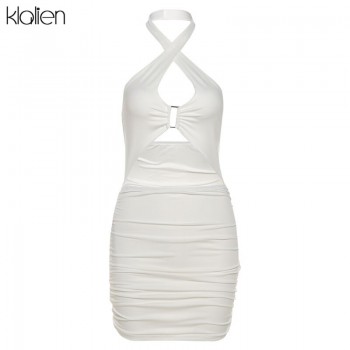 Women Summer Sexy Skinny Stretch Hollow Out Sleeveless Backless Halter Mini Bodycon Dress New Casual